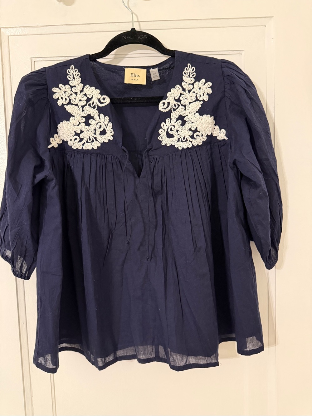 Tahari Navy Tunic with White Floral Lace Appliqué